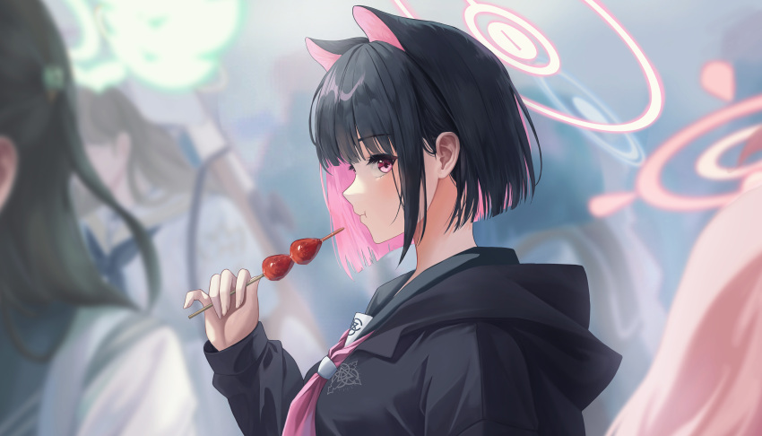 1girl :t absurdres animal_ears black_hair black_hoodie blue_archive blunt_bangs blurry blurry_background blush bob_cut cat_ears close-up closed_mouth colored_inner_hair commentary crowd dorosi033 eating eyelashes food from_side fruit halo hand_up highres holding holding_food hood hood_down hoodie kazusa_(blue_archive) looking_at_viewer multicolored_hair neckerchief pink_eyes pink_hair pink_halo pink_neckerchief profile school_uniform serafuku short_hair sideways_glance sleeves_past_wrists solo straight_hair strawberry two-tone_hair