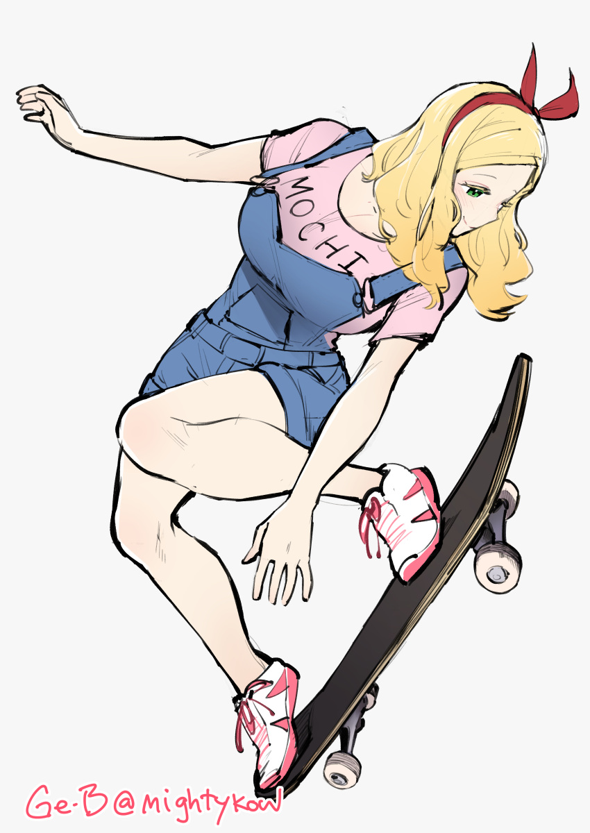 1girl absurdres artist_name blonde_hair breasts carol_olston closed_mouth clothes_writing full_body green_eyes grey_background hairband highres large_breasts looking_to_the_side medium_hair overalls pink_shirt red_hairband shirt shoes short_sleeves simple_background skateboard skateboarding smile sneakers solo tomo-chan_wa_onna_no_ko white_footwear