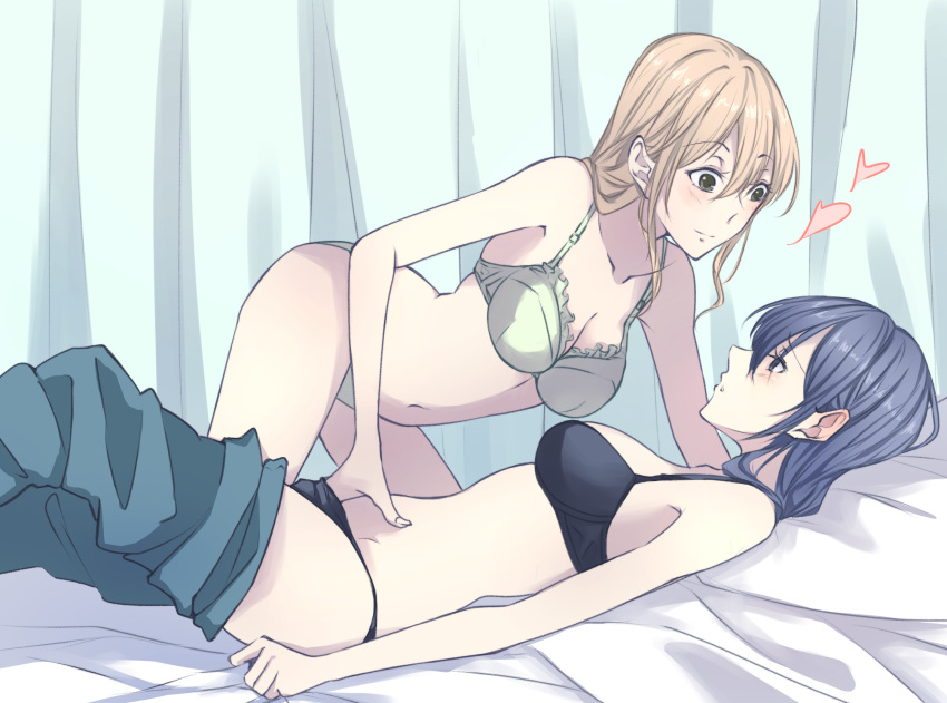 2girls aihara_mei aihara_yuzu black_hair blonde_hair blush bra breasts citrus_(saburouta) closed_mouth ear_blush heart highres multiple_girls panties parted_lips redqueen step-siblings step-sisters underwear yuri