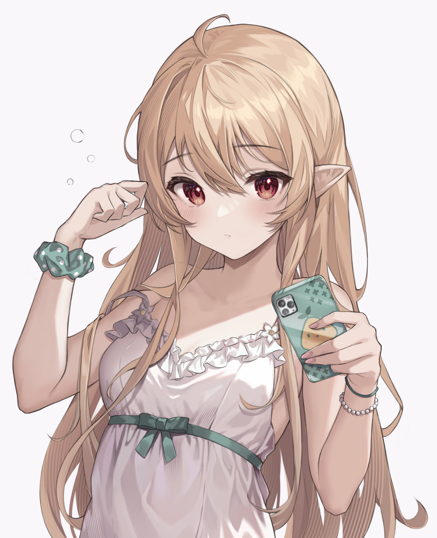 1girl absurdres ahoge alternate_costume bead_bracelet beads blonde_hair bracelet breasts cellphone commentary frilled_nightgown frills hair_between_eyes hands_up highres holding holding_phone jewelry long_hair looking_at_viewer medium_breasts nightgown nijisanji nijisanji_en phone pointy_ears pomu_rainpuff red_eyes scrunchie selfie shy simple_background sleepwear smartphone solo soybean_(hisoybean) straight_hair strap_slip upper_body virtual_youtuber white_background white_nightgown wrist_scrunchie wristband