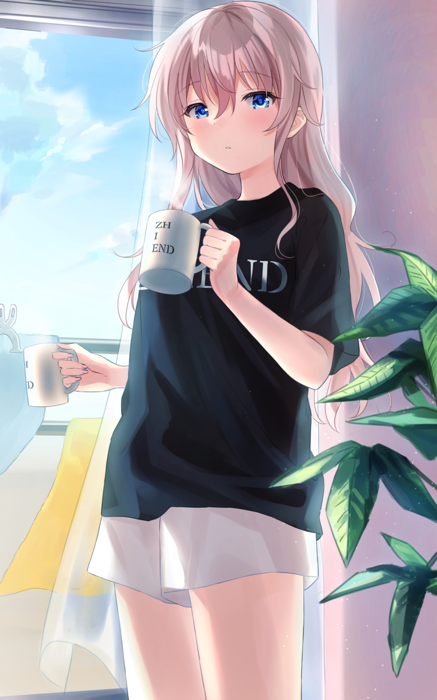 1girl absurdres alternate_costume backlighting black_shirt blue_eyes blue_sky blush casual charlotte_(anime) cloud coffee_mug cup day expressionless eyelashes foreshortening grey_hair hair_between_eyes hair_down hands_up highres holding holding_cup indoors light_particles long_hair looking_at_viewer messy_hair mug parted_lips ponpon_nun shirt short_sleeves shorts sidelocks sky solo tomori_nao wavy_hair white_shorts window