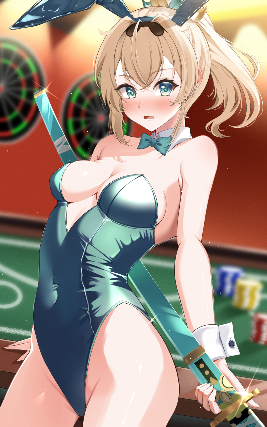 1girl absurdres alternate_costume animal_ears bare_shoulders blonde_hair blush bow bowtie breasts casino casino_card_table covered_navel cowboy_shot dartboard detached_collar fake_animal_ears green_bow green_bowtie green_eyes green_leotard hair_between_eyes highres holding holding_sword holding_weapon hololive kazama_iroha leotard looking_at_viewer medium_breasts medium_hair mogmog_megmog playboy_bunny poker_chip ponytail sheath sheathed solo strapless strapless_leotard sword table virtual_youtuber weapon wrist_cuffs