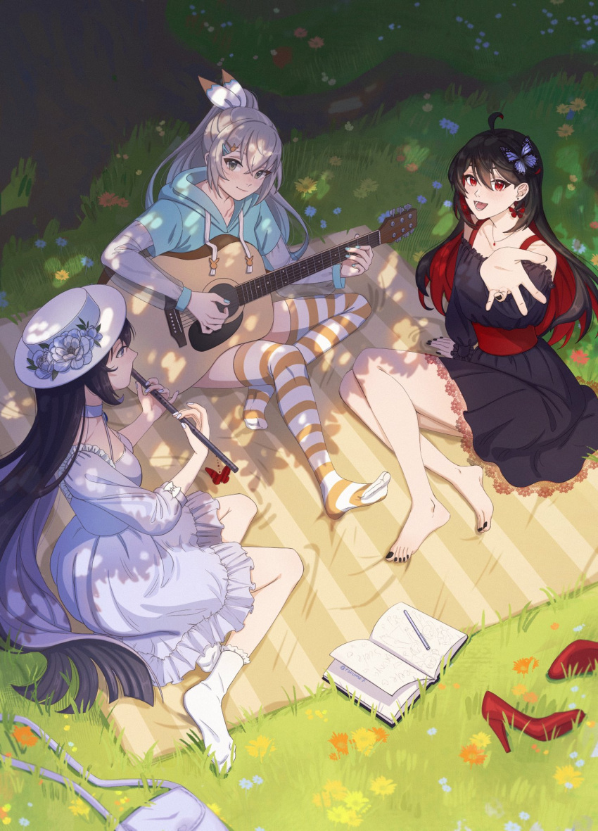 3girls ahoge alternate_costume arm_support bare_legs barefoot black_dress black_nails book bronya_zaychik butterfly_hair_ornament colored_inner_hair dress english_commentary grass grey_hair hair_ornament hat high_ponytail highres holding holding_instrument honkai_(series) honkai_impact_3rd instrument jewelry long_hair long_sleeves looking_at_another looking_at_viewer multicolored_hair multiple_girls music nail_polish necklace open_mouth outdoors picnic playing_instrument ponytail red_eyes red_hair seele_(alter_ego) seele_vollerei seele_vollerei_(herrscher_of_rebirth) seele_vollerei_(starchasm_nyx) smile socks toenail_polish toenails tree tsuume white_dress white_headwear white_socks