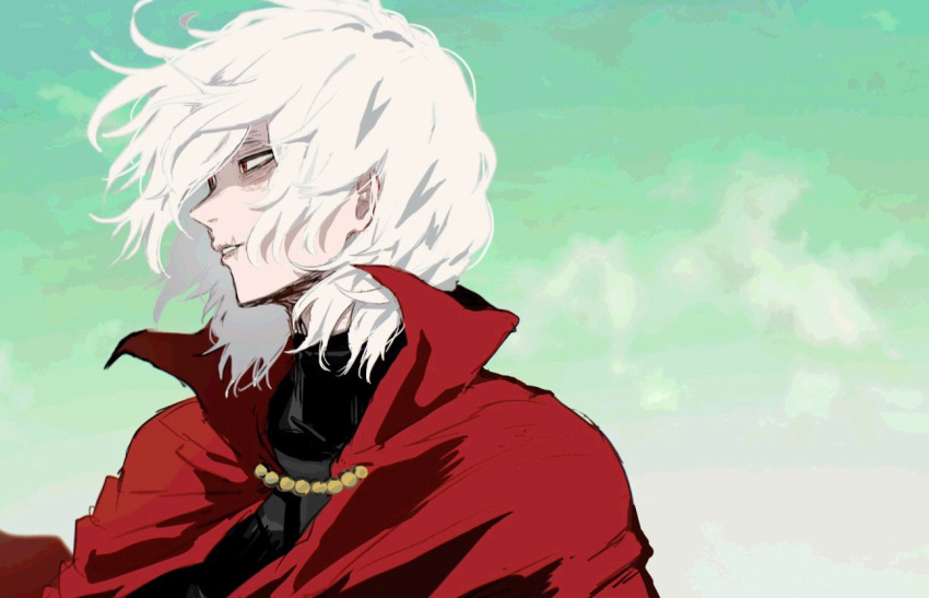 1boy ametaro_(ixxxzu) black_shirt boku_no_hero_academia cape cloud day green_sky male_focus medium_hair outdoors red_cape red_eyes shigaraki_tomura shirt simple_background solo turtleneck upper_body white_background white_hair wrinkled_skin