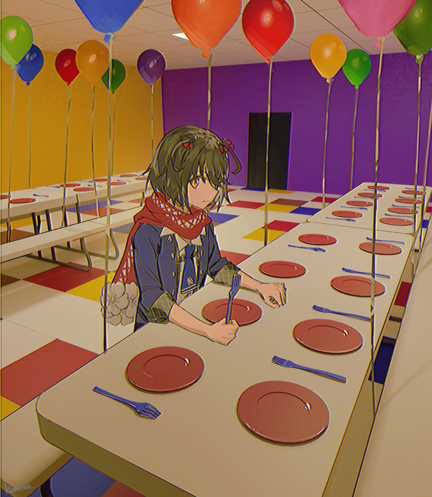 1boy absurdres bench blue_coat blue_necktie brown_hair closed_mouth coat expressionless fork highres holding holding_fork indoors kome_non long_sleeves male_focus mashiro_(nijisanji) necktie nijisanji on_bench otoko_no_ko plate red_scarf scarf short_hair sitting_on_bench solo table upper_body virtual_youtuber yellow_eyes