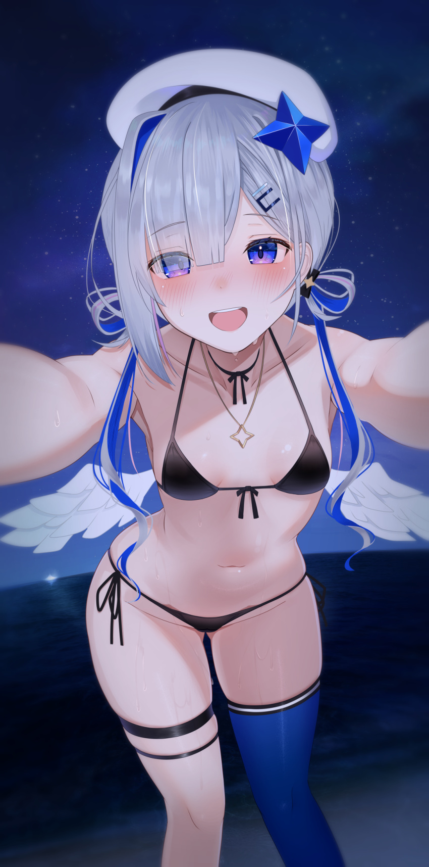 1girl :d amane_kanata angel angel_wings beret bikini black_bikini blue_hair blue_thighhighs blush breasts collarbone colored_inner_hair commentary_request foreshortening grey_hair hair_rings hat highres hololive jewelry kachikachipiroo looking_at_viewer medium_hair multicolored_hair navel necklace night open_mouth outstretched_arms pov purple_eyes single_thighhigh small_breasts smile solo star_(symbol) star_necklace stomach swimsuit thigh_strap thighhighs thighs virtual_youtuber wet white_headwear wings
