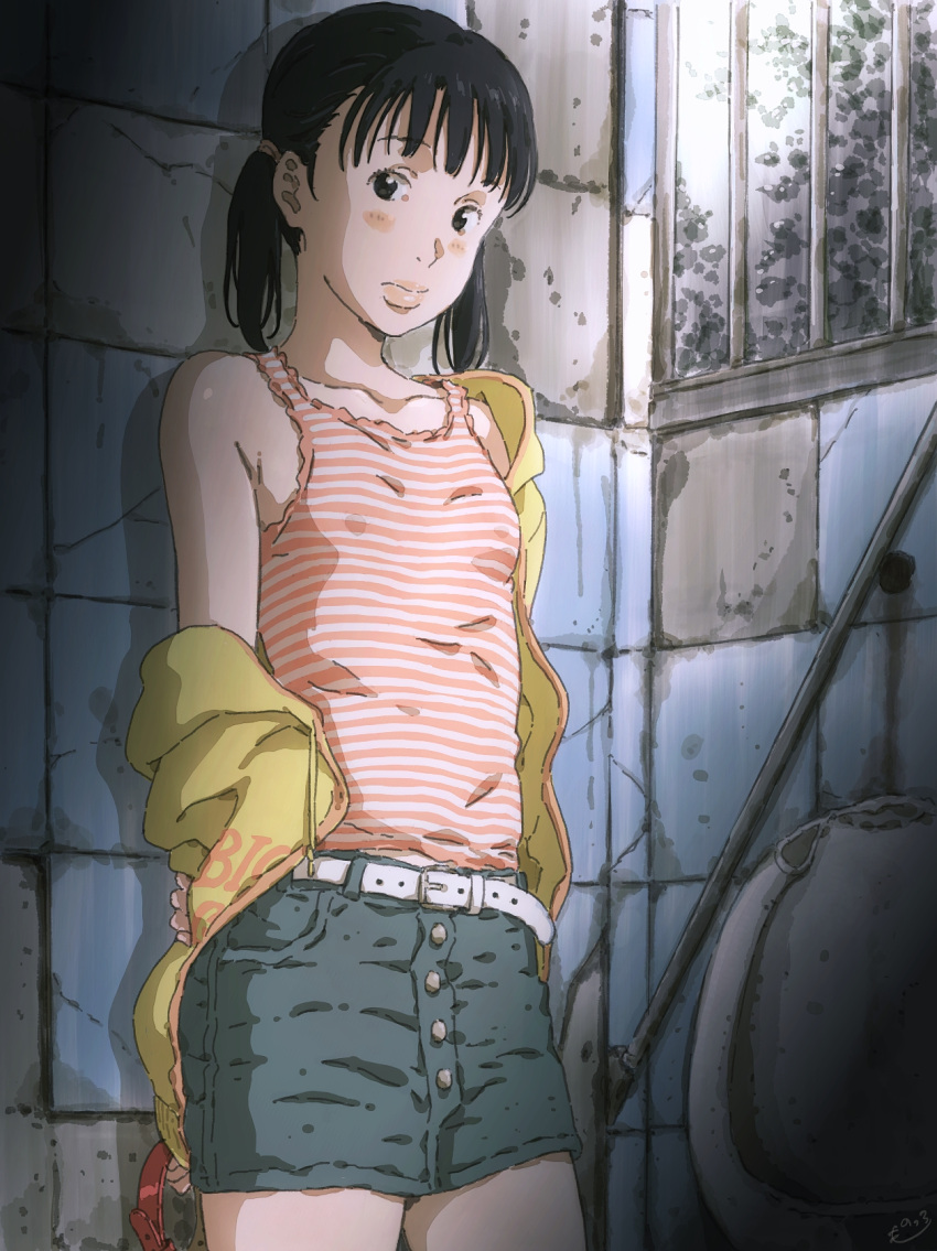 1girl against_wall bars belt black_eyes black_hair blue_skirt blunt_bangs blush breasts casual collar collar_removed collarbone commentary cowboy_shot denim denim_skirt drawstring hair_tie highres holding holding_collar hood hoodie lead_pipe lips looking_at_viewer looking_to_the_side medium_hair monodevil off_shoulder open_clothes open_hoodie original pink_tank_top red_collar ruins single_bare_shoulder skirt small_breasts solo standing stone_wall striped_tank_top tank_top twintails wall white_belt white_tank_top window yellow_hoodie