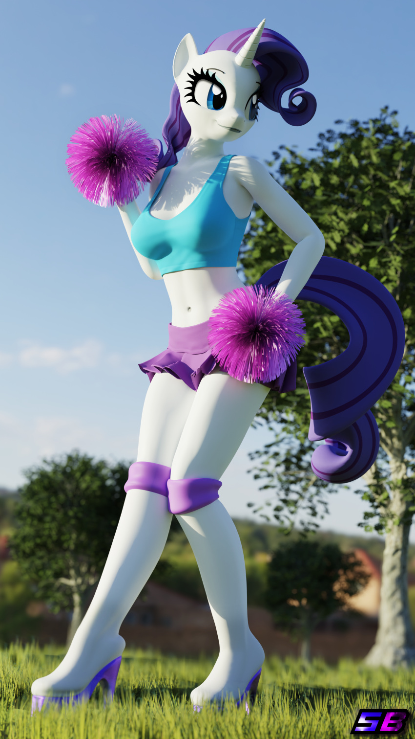 3d_(artwork) absurd_res anthro boots bottomwear cheerleader clothing crop_top digital_media_(artwork) equid equine female footwear friendship_is_magic hasbro hi_res high_heeled_boots high_heels horn knee_boots knee_highs legwear mammal midriff miniskirt my_little_pony pom_poms rarity_(mlp) shadowboltsfm shirt skirt solo topwear unicorn