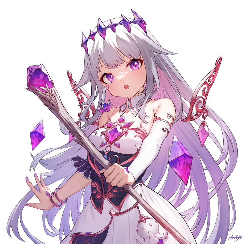 1girl arpeggio_kaga bracelet chest_jewel detached_collar detached_sleeves detached_wings dress grey_hair highres holding holding_staff hololive hololive_english jewelry koseki_bijou long_hair purple_eyes signature single_detached_sleeve staff strapless strapless_dress virtual_youtuber white_background wings wooden_staff
