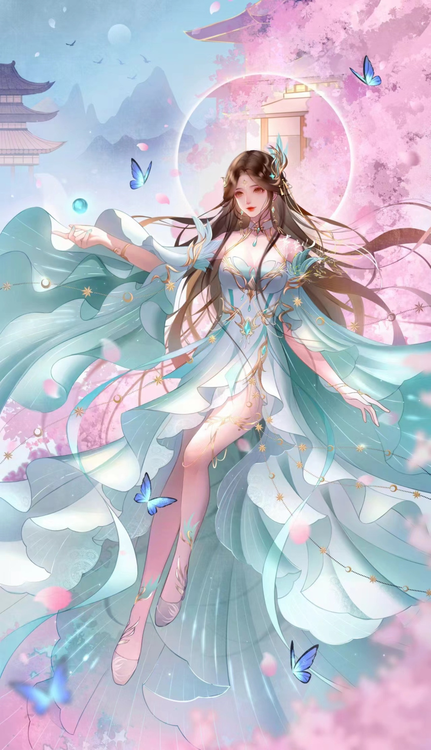 1girl artist_request bare_legs bracelet brown_hair building closed_mouth doupo_cangqiong earrings facial_mark floating forehead_mark full_body gu_xun_er_(doupo_cangqiong) hair_ornament halo high_heels highres jewelry leg_up long_hair mountain orb second-party_source solo white_halo