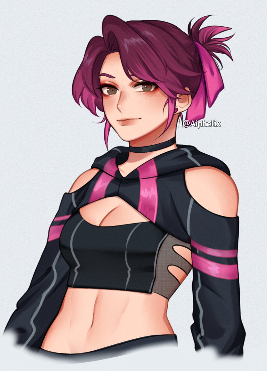 1girl aiphelix bare_shoulders black_choker blush breasts brown_eyes choker crop_top dead_by_daylight earrings folded_ponytail highres jewelry kimura_yui large_breasts long_hair long_sleeves looking_at_viewer navel pink_hair red_eyeliner simple_background smile stud_earrings updo upper_body