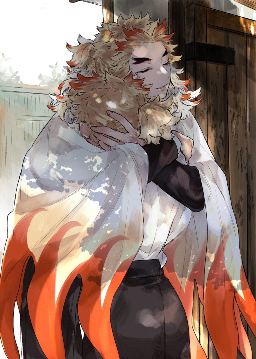 2boys black_hakama blonde_hair brothers cape closed_eyes colored_tips cowboy_shot dappled_sunlight day demon_slayer_uniform facing_away flame_print forked_eyebrows gate hakama hand_on_another's_head hands_on_another's_shoulders happy highres hug japanese_clothes kimetsu_no_yaiba long_sleeves male_focus medium_hair multicolored_hair multiple_boys ohagigaumai ponytail red_hair rengoku_kyoujurou rengoku_senjurou siblings streaked_hair sunlight white_cape