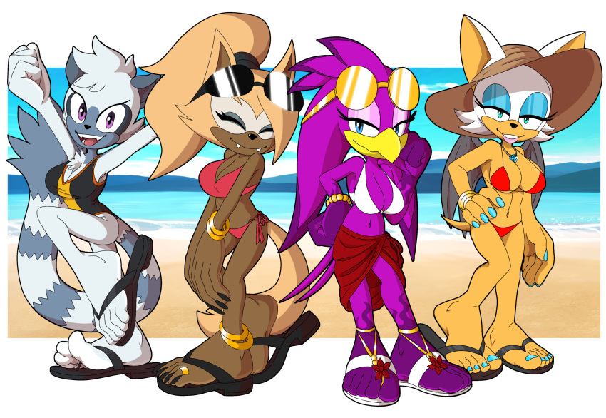 avian bat beach beachwear bikini bird canid canine canis clothing female flip_flops foot_ninja15 footwear group hi_res hirundinid humanoid idw_publishing lemur mammal oscine passerine primate rouge_the_bat sandals seaside sega sonic_riders sonic_the_hedgehog_(comics) sonic_the_hedgehog_(idw) sonic_the_hedgehog_(series) strepsirrhine swallow_(bird) swimwear tangle_the_lemur wave_the_swallow whisper_the_wolf wolf