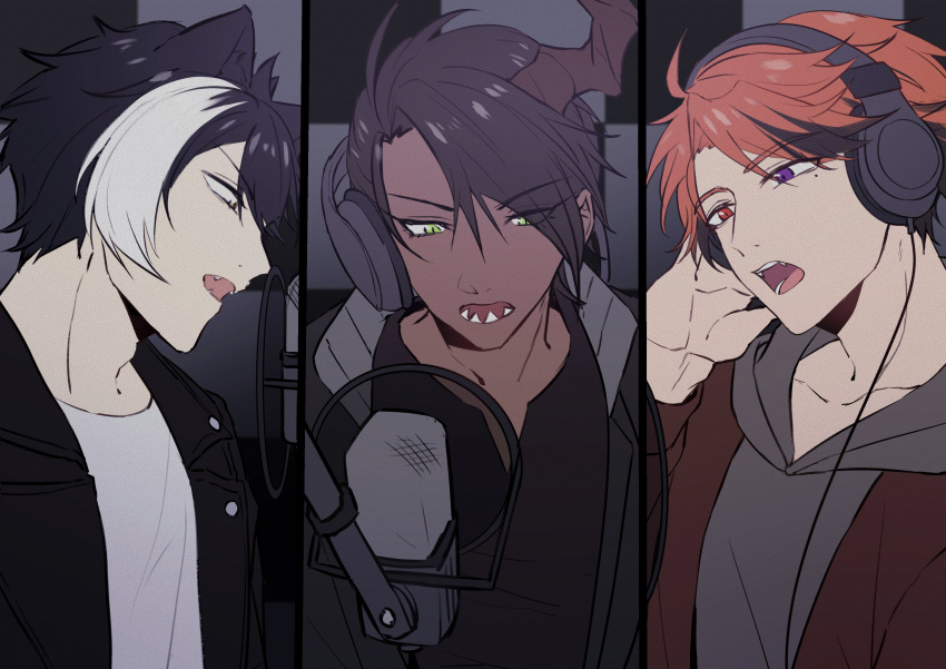 3boys absurdres akaie11 alternate_costume animal_ears aragami_oga black_hair black_jacket black_shirt brown_jacket collarbone column_lineup dark-skinned_male dark_skin fangs green_eyes grey_hoodie hair_between_eyes hand_up headphones heterochromia highres holostars hood hood_down hoodie horns indoors jackal_boy jackal_ears jacket kageyama_shien lapels looking_ahead male_focus microphone mole mole_under_eye multicolored_hair multiple_boys music notched_lapels open_clothes open_jacket open_mouth orange_eyes orange_hair parted_bangs pop_filter profile purple_eyes sharp_teeth shirt singing single_horn streaked_hair studio_microphone swept_bangs t-shirt teeth two-tone_hair upper_body v-neck virtual_youtuber white_hair white_shirt yellow_eyes yukoku_roberu