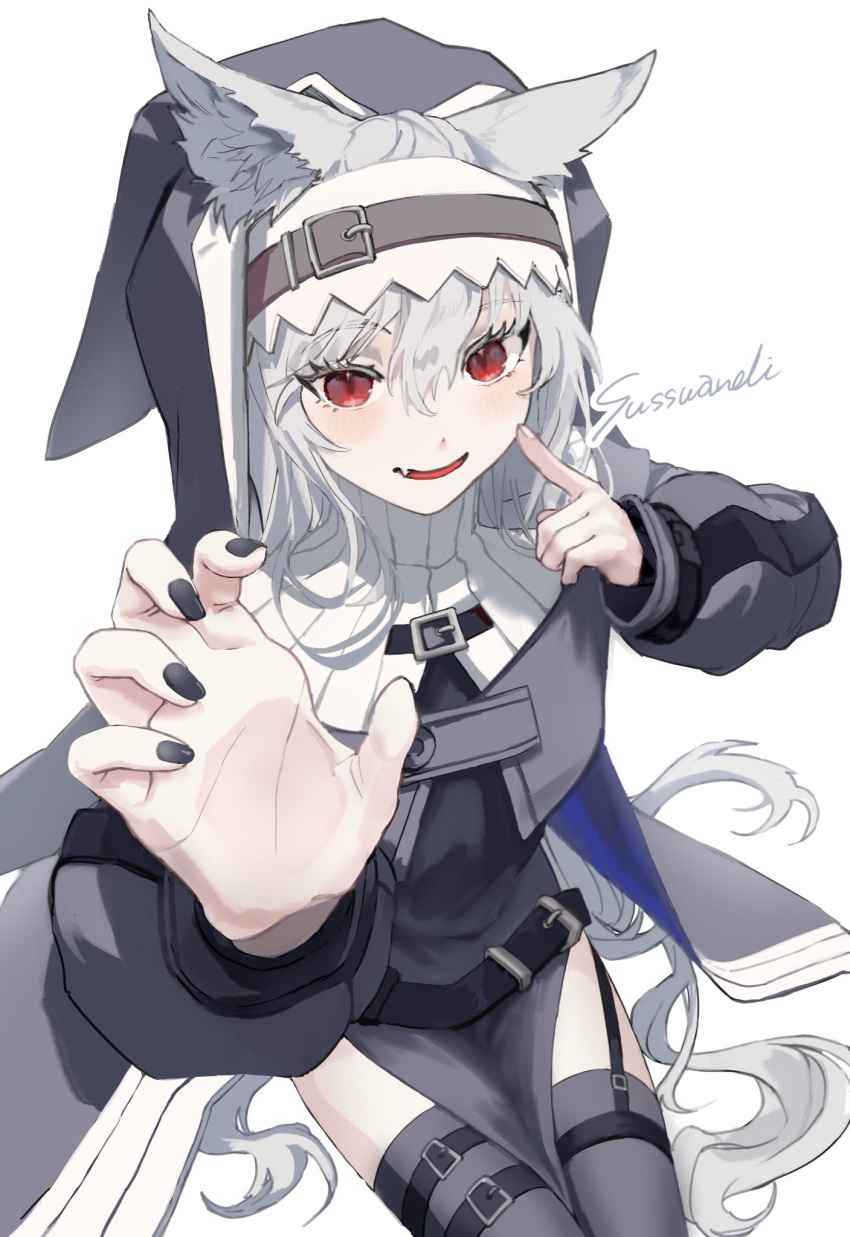 1girl animal_ear_fluff animal_ears artist_name black_dress black_headwear black_nails black_thighhighs detached_sleeves dress fang grey_hair habit hair_between_eyes hat highres index_finger_raised kemonomimi_mode long_hair long_sleeves looking_at_viewer open_mouth pelvic_curtain red_eyes simple_background sitting solo specter_(arknights) sutoa thighhighs very_long_hair white_background