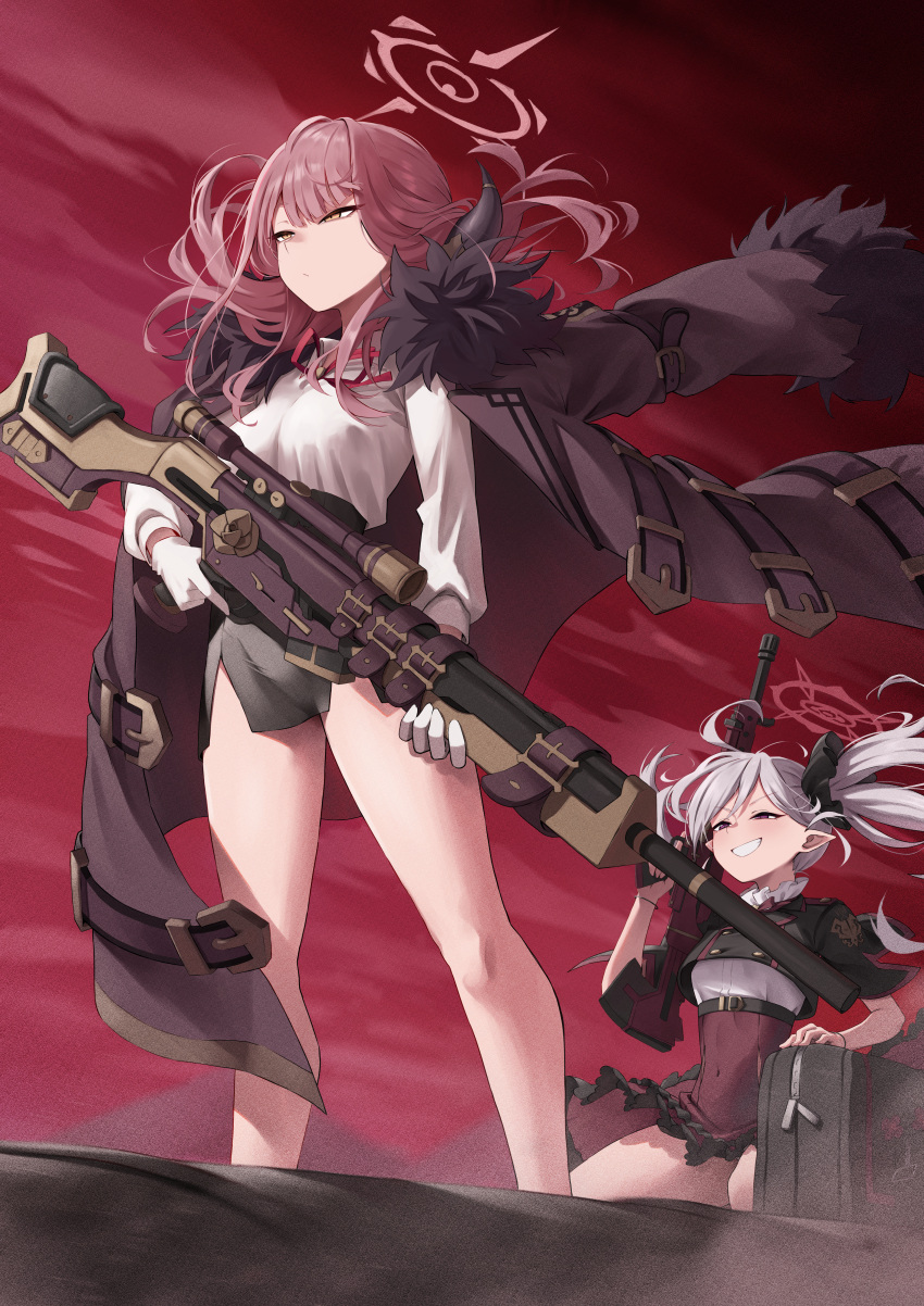 2girls absurdres aru_(blue_archive) bag bare_legs blue_archive closed_mouth coat coat_on_shoulders duffel_bag floating_hair fur-trimmed_coat fur_trim grin gun halo highres holding holding_gun holding_weapon horns karadborg long_hair multiple_girls mutsuki_(blue_archive) pink_hair pointy_ears rifle scope side_ponytail smile sniper_rifle thighs weapon white_hair yellow_eyes