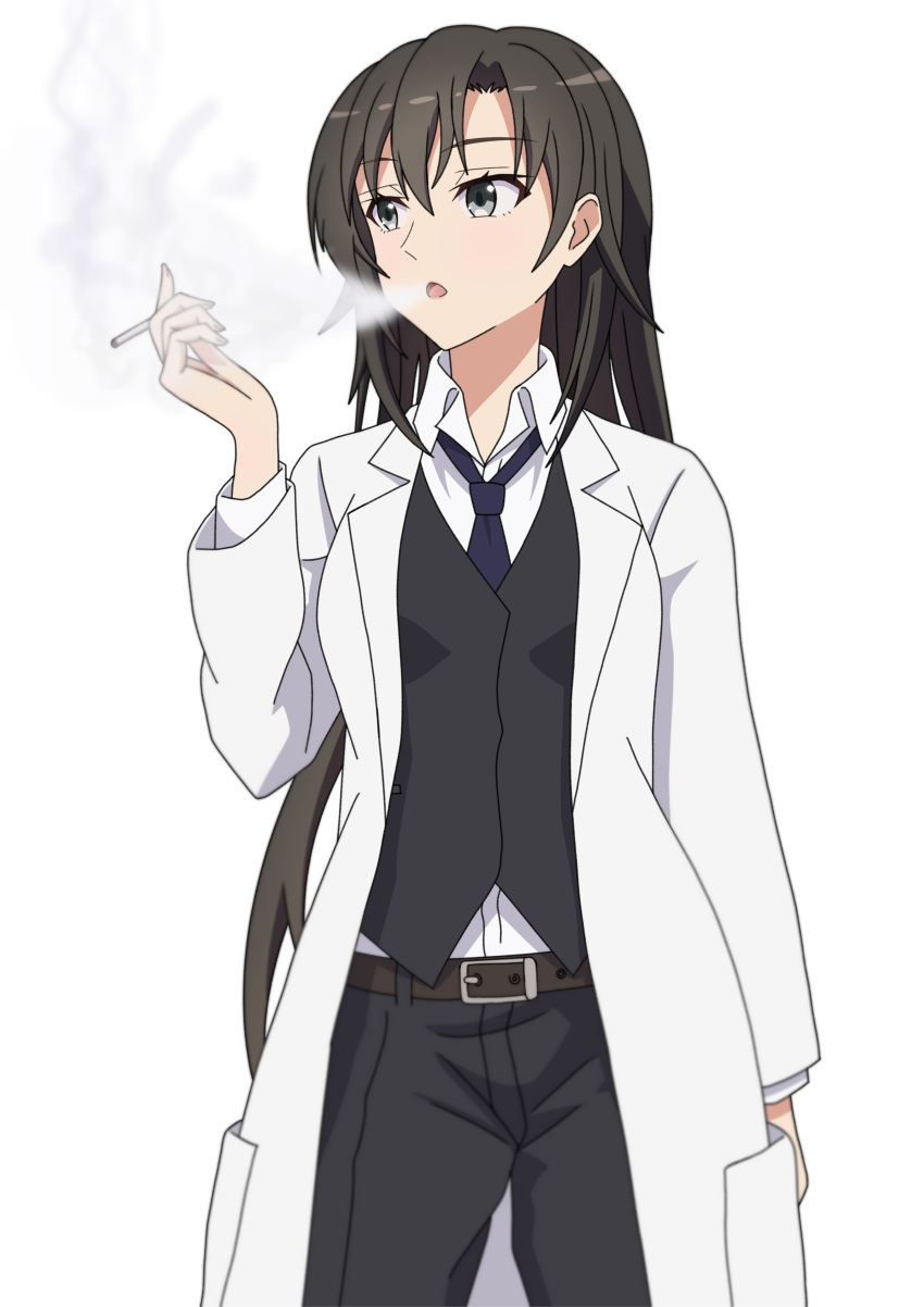 1girl absurdres belt black_hair black_necktie black_pants black_vest brown_belt cigarette coat collared_shirt commentary_request cowboy_shot grey_eyes highres hiratsuka_shizuka holding holding_cigarette lab_coat long_hair looking_to_the_side necktie open_clothes open_coat open_mouth pants shirt simple_background smoke smoking solo standing user_yja4775 vest white_background white_coat white_shirt yahari_ore_no_seishun_lovecome_wa_machigatteiru.