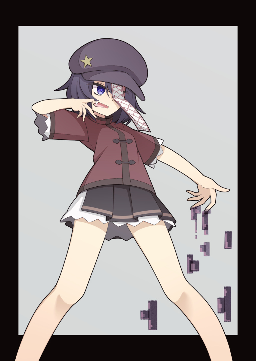 1girl black_border black_hair black_skirt border breasts cabbie_hat chinese_clothes commentary_request fang feet_out_of_frame grey_background grey_headwear hat hat_ornament hekkmushi highres jiangshi looking_afar medium_bangs miyako_yoshika mouth_pull ofuda one_eye_covered open_mouth pleated_skirt purple_eyes red_shirt shirt short_hair short_sleeves skirt small_breasts solo standing star_(symbol) star_hat_ornament tangzhuang touhou