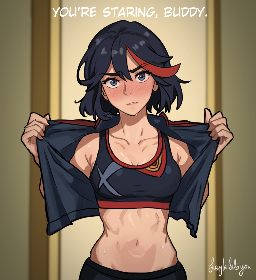 1girl abs ahoge artist_name bare_shoulders black_hair black_jacket black_pants black_sports_bra blue_eyes blurry blurry_background blush bob_cut breasts cleavage collarbone commentary cropped_jacket doorway embarrassed english_commentary english_text frown head_tilt highres holding holding_sign indoors jacket kill_la_kill laylaletsyou looking_at_viewer matoi_ryuuko medium_breasts midriff multicolored_hair navel nose_blush open_clothes open_jacket opened_by_self pants parted_lips red_hair senketsu short_hair sign solo sports_bra star-shaped_pupils star_(symbol) streaked_hair sweat sweatpants symbol-shaped_pupils thick_eyebrows tomboy toned two-tone_hair upper_body upturned_eyes v-shaped_eyebrows very_sweaty