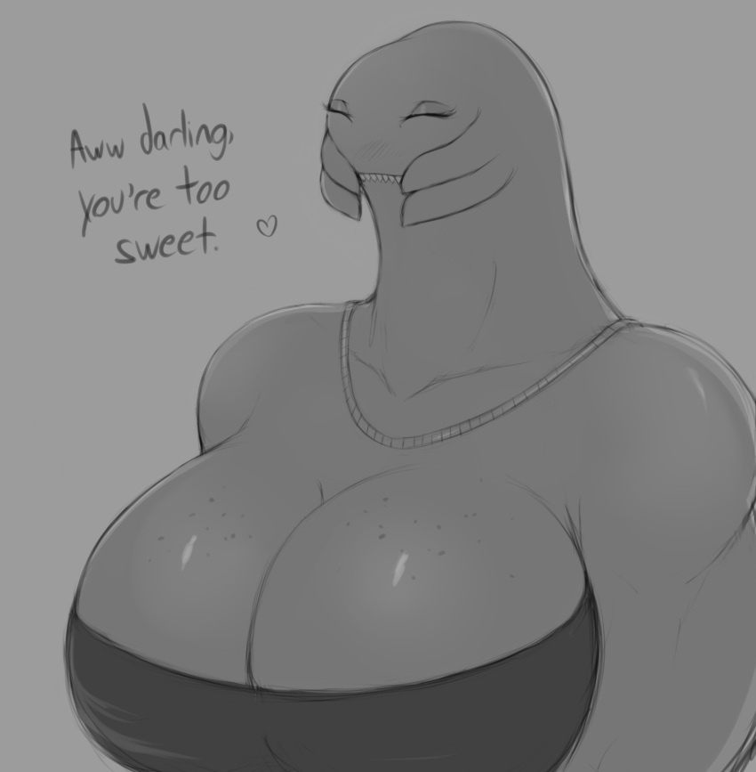 &lt;3 alien big_breasts blush blush_lines breasts cleavage clothed clothing dialogue dress english_text eyes_closed female freckles greyscale halo_(series) happy hi_res huge_breasts humanoid jewelry kierus microsoft monochrome necklace sangheili sketch solo strapless_clothing talking_to_viewer text xbox_game_studios