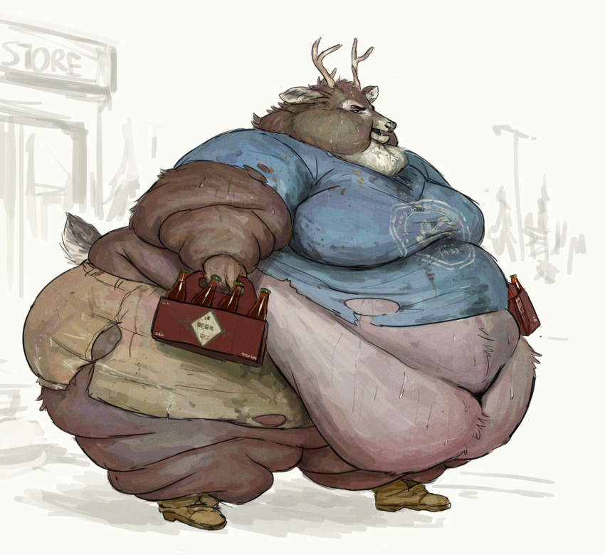 2020 alcohol anthro antlers beer beer_bottle belly beverage big_belly bottle bottomwear brown_body brown_fur cervine cettus chubby_cheeks clothed clothing container deer fat_rolls footwear fur hi_res holding_object horn huge_belly male mammal midriff moobs morbidly_obese morbidly_obese_anthro morbidly_obese_male obese obese_anthro obese_male outside overweight overweight_anthro overweight_male pants shirt shoes simple_background solo topwear torn_clothing walking wide_hips