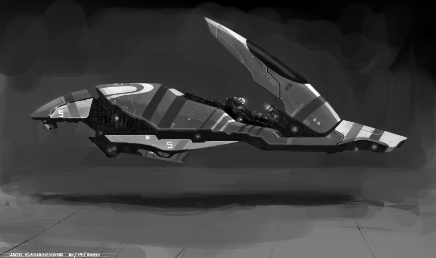 absurdres baranha cockpit commentary concept_art dated eve_online floating from_side glowing greyscale helmet highres military_vehicle monochrome no_humans original pilot pilot_helmet pilot_suit piloting science_fiction spacecraft starfighter