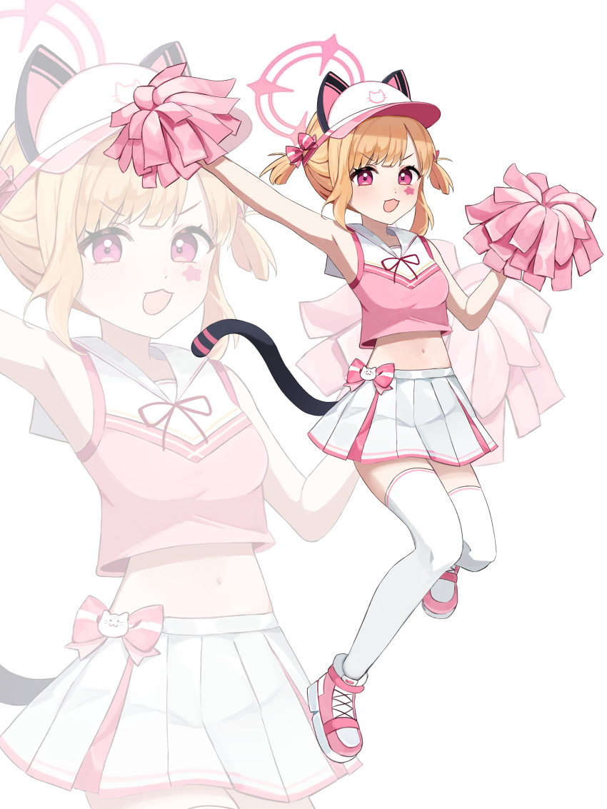 1girl :3 absurdres alternate_costume animal_ears arm_up armpits blonde_hair blue_archive bow bow_skirt cat_ears cat_tail cheerleader commentary_request cross-laced_footwear fake_animal_ears fake_tail floating full_body halo highres holding holding_pom_poms looking_at_viewer midriff momoi_(blue_archive) multicolored_clothes multicolored_headwear navel nez_(nez_0_0) parted_bangs pink_bow pink_eyes pink_footwear pink_halo pom_pom_(cheerleading) sailor_collar shirt short_hair short_twintails sidelocks simple_background skirt sleeveless sleeveless_shirt star_(symbol) sticker_on_face tail thighhighs twintails v-shaped_eyebrows visor_cap white_background white_headwear white_sailor_collar white_skirt white_thighhighs zoom_layer