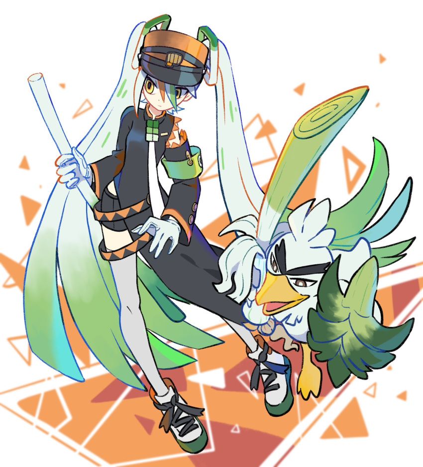 1girl armband bike_shorts black_coat coat delinquent detached_sleeves fighting_miku_(project_voltage) food gloves gradient_hair green_armband hair_between_eyes hatsune_miku highres holding holding_food holding_spring_onion holding_vegetable long_hair long_sleeves multicolored_hair necktie orange_trim pokemon pokemon_(creature) project_voltage shoes side_slit single_detached_sleeve sirfetch'd sneakers spring_onion thighhighs twintails two-tone_hair vegetable very_long_hair visor_cap vocaloid white_gloves white_hair white_thighhighs yamifuti yellow_eyes