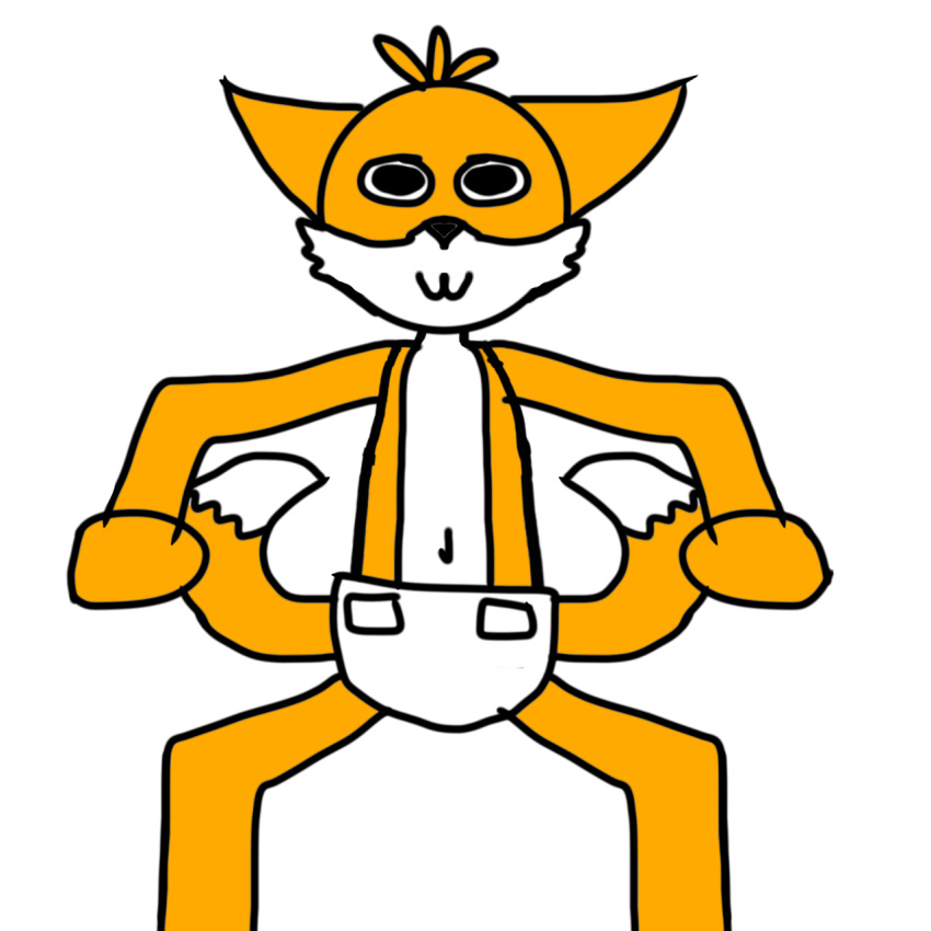 2_tails anthro arms_bent baby canid canine cat_smile clothed clothing crouching diaper diaper_only ears_down fox fur fur_tuft hi_res mammal miles_prower mobian_fox multi_tail no_irises orange_body orange_fur pivoted_ears pupils sega solo sonic_the_hedgehog_(series) tail topless triangle_nose tuft war_machine_furry wearing_diaper white_body white_fur young