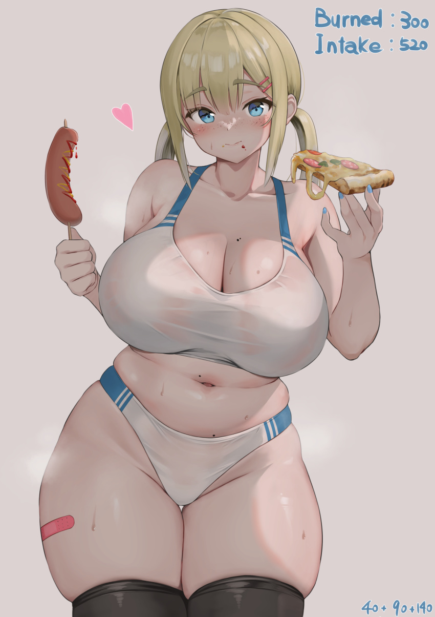 1girl aymusk bandaid_on_thigh bare_arms black_thighhighs blonde_hair blue_eyes blush breasts cleavage closed_mouth commentary_request corn_dog eating food grey_background hair_ornament hairclip heart highres holding holding_food holding_pizza large_breasts looking_at_viewer nail_polish navel original pizza pizza_slice plump sidelocks simple_background skindentation solo sports_bikini sports_bra stomach thick_thighs thighhighs thighs twintails white_sports_bra wide_hips