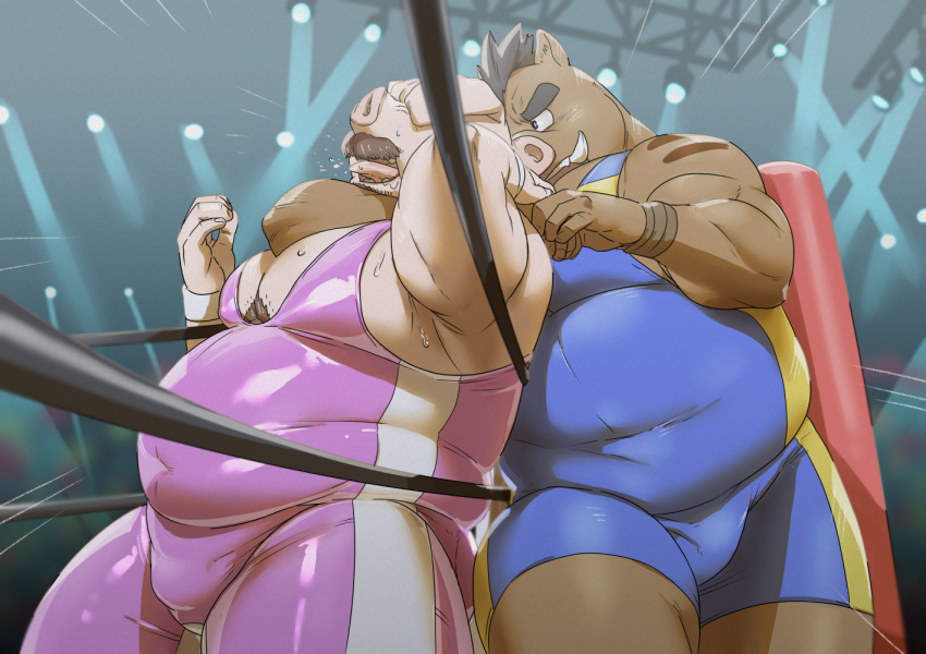 2022 anthro belly blue_clothing blue_wrestling_singlet brown_body brown_fur brown_wristband bulge chokehold clothing colored detailed_bulge domestic_pig duo facial_hair fighting_ring fur grey_mane inside komori_megane love_handles male mammal mane monotone_body monotone_fur monotone_skin musclegut muscular muscular_anthro muscular_male mustache navel_outline overweight overweight_anthro overweight_male pecs pink_body pink_clothing pink_skin pink_wrestling_singlet suid suina sus_(pig) tight_clothing tusks white_wristband wild_boar wrestling_singlet wristband