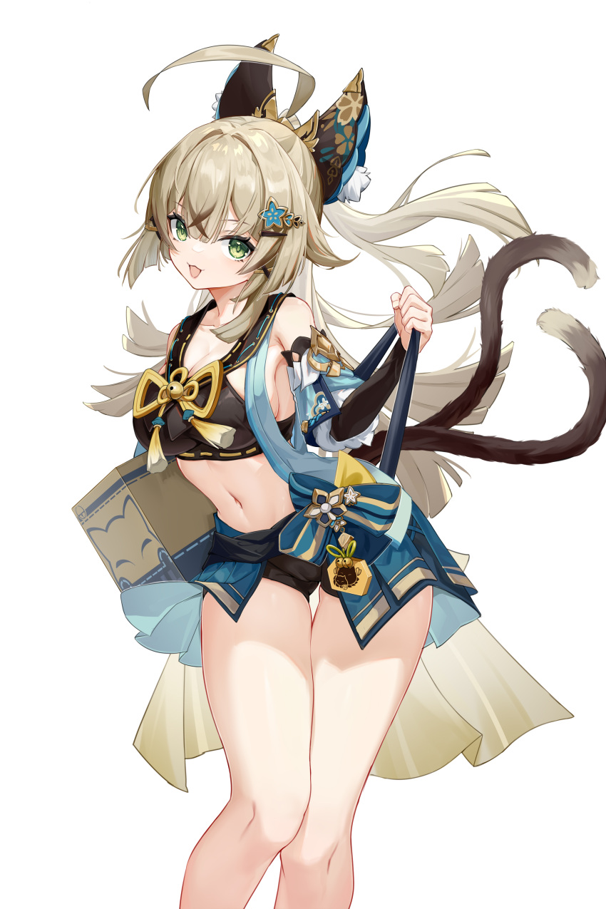 1girl :3 :d absurdres ahoge animal_ear_fluff animal_ears bare_shoulders black_shirt blonde_hair blue_skirt box breasts cardboard_box cat_ears cat_tail cleavage commentary_request crop_top detached_sleeves feet_out_of_frame freeeeeeeeeee genshin_impact green_eyes hair_ornament hairclip half_updo highres kirara_(genshin_impact) large_breasts long_hair long_sleeves looking_at_viewer midriff miniskirt multiple_tails navel shirt simple_background skirt smile solo standing stomach tail thighs two_tails very_long_hair white_background