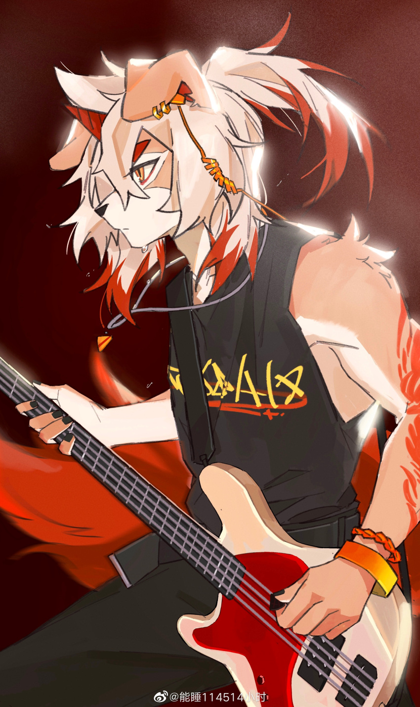 absurd_res anthro arknights arm_tattoo bass_guitar bottomwear canid canine canis clothing domestic_dog ear_piercing fur guitar hair hi_res horn hung_(arknights) hypergryph looking_away male mammal musical_instrument pants piercing playing_music plucked_string_instrument red_hair red_horn seikaze solo string_instrument studio_montagne tail tan_body tan_fur tattoo topwear weibo white_body white_fur yellow_eyes