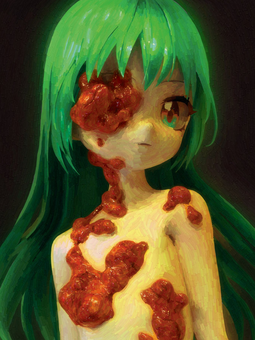 1girl black_background body_horror closed_mouth commentary english_commentary flat_chest flesh green_hair highres long_hair looking_at_viewer mutation nude original solo ufoshock upper_body