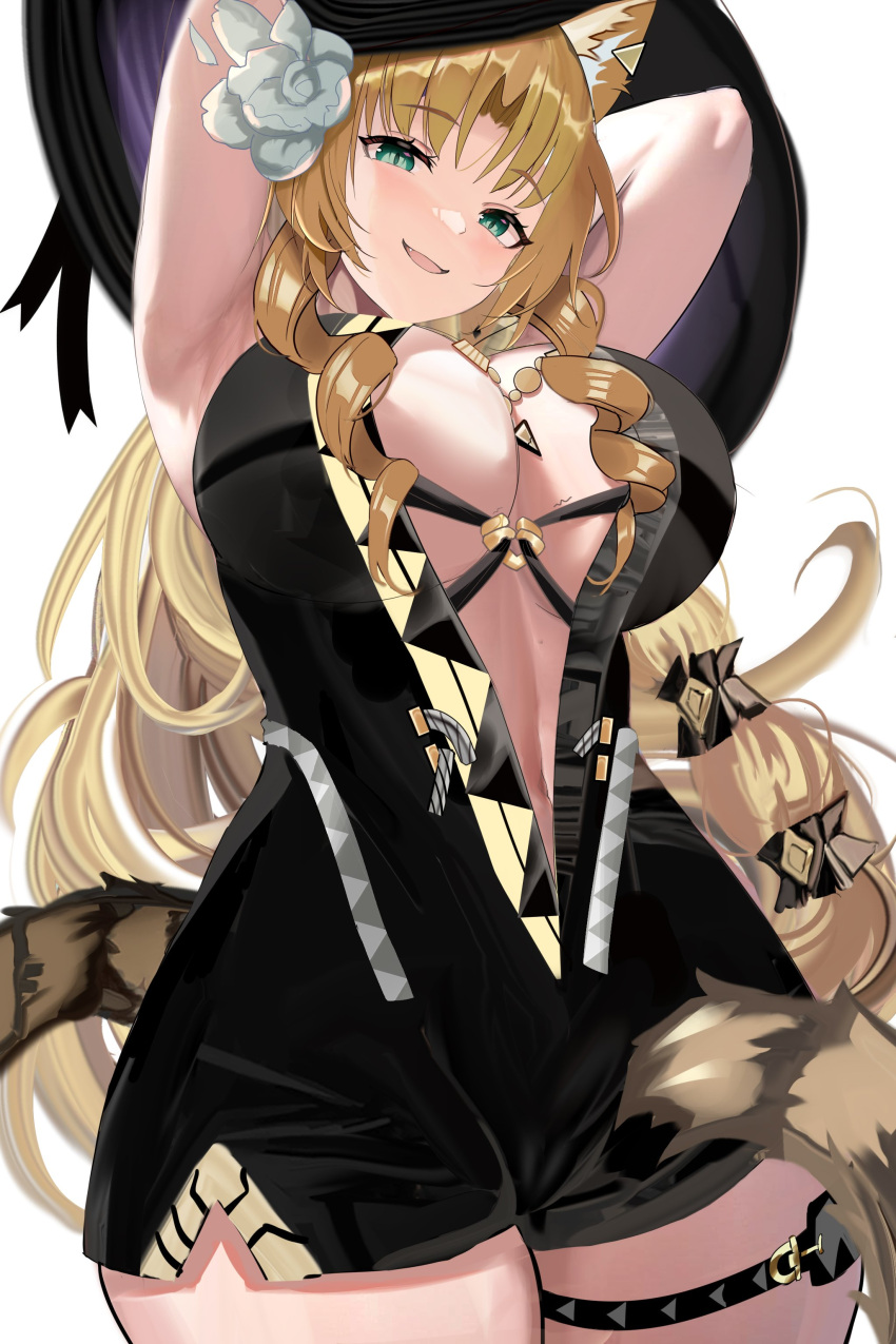 1girl absurdres animal_ears aqua_eyes arknights armpits arms_up black_dress black_headwear blush breasts center_opening cleavage commentary cowboy_shot dress drill_hair drill_sidelocks earclip fang flower hair_flower hair_ornament hat highres jewelry large_breasts light_brown_hair long_hair looking_at_viewer mikuning navel necklace official_alternate_costume open_mouth parted_bangs short_dress sidelocks simple_background sleeveless sleeveless_dress smile solo standing swire_(arknights) swire_the_elegant_wit_(arknights) tail thigh_strap tiger_ears tiger_girl tiger_tail twin_drills very_long_hair white_background white_flower