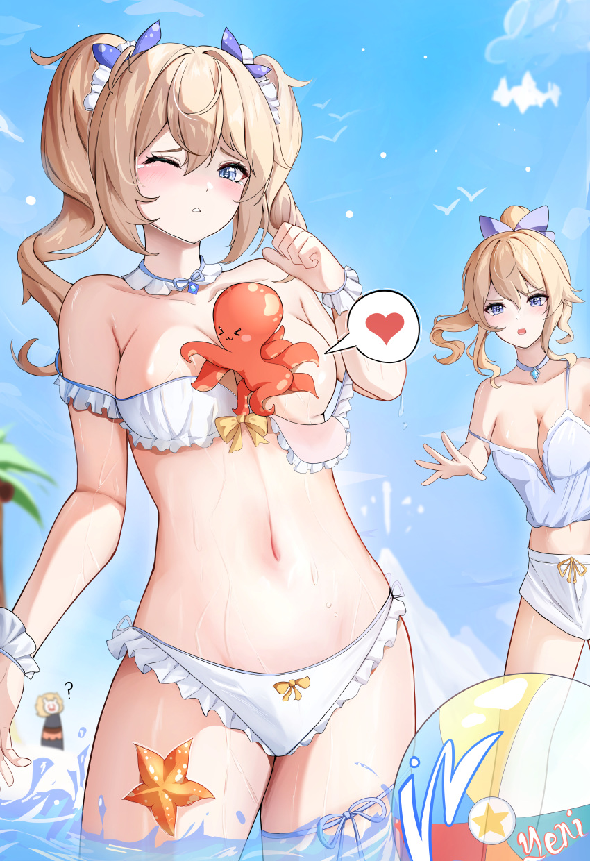 2girls ? absurdres artist_name ball barbara_(genshin_impact) bare_shoulders beachball between_breasts bikini blonde_hair blue_eyes blue_shirt breasts cleavage collar collarbone commentary_request crop_top genshin_impact hair_ornament hair_ribbon highres hilichurl_(genshin_impact) jean_(genshin_impact) medium_breasts multiple_girls navel ocean partially_submerged ribbon shirt shorts siblings sisters starfish swimsuit twintails wet white_bikini white_shorts wrist_cuffs yeni1871