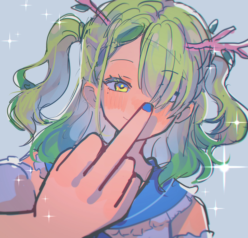 1girl absurdres antlers blue_nails ceres_fauna ceres_fauna_(jirai_kei) detached_sleeves fingernails foreshortening green_hair hair_over_one_eye highres hololive hololive_english kokomi_(aniesuakkaman) leaf long_hair looking_at_viewer middle_finger mole mole_under_eye nail_polish smile solo two_side_up upper_body virtual_youtuber yellow_eyes