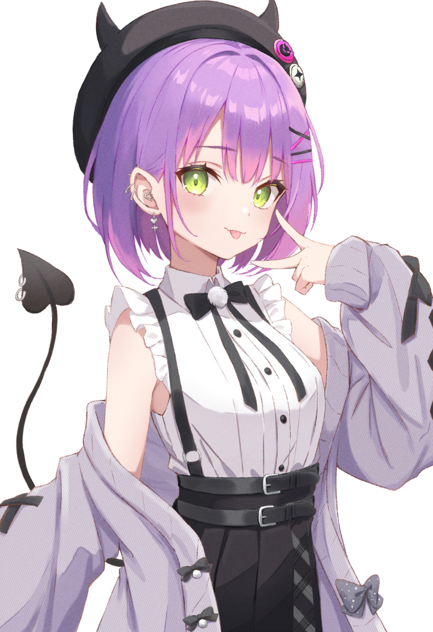 1girl aran_sweater beret black_headwear blush cable_knit demon_tail ear_piercing frilled_sleeves frills green_eyes grey_sweater hair_ornament hairpin hat highres hololive looking_at_viewer multicolored_hair official_alternate_costume piercing pink_hair po_(yyai119) pointy_ears purple_eyes short_hair short_sleeves smile solo streaked_hair sweater tail tokoyami_towa tokoyami_towa_(jirai_kei) tongue tongue_out v virtual_youtuber white_background x_hair_ornament