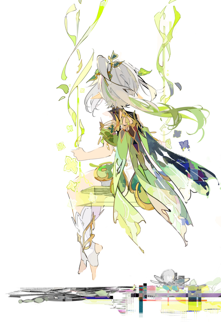 1girl asymmetrical_hair bloomers cape detached_sleeves dress ezu_(e104mjd) facing_away floating_hair genshin_impact glitch gold_trim green_cape green_hair green_sleeves hair_ornament highres leaf_hair_ornament long_hair multicolored_hair nahida_(genshin_impact) plant pointy_ears ponytail short_sleeves side_ponytail sidelocks simple_background sitting sleeveless sleeveless_dress solo streaked_hair swing underwear vines white_background white_bloomers white_dress white_hair