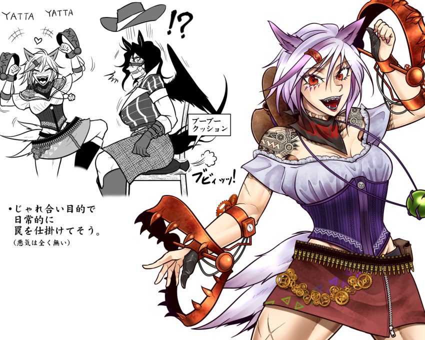 +++ 2girls animal_ears bandana bandolier black_bandana boots breasts cleavage closed_eyes commentary_request corset cowboy_shot dog_ears dog_girl dog_tail foothold_trap frilled_shirt frills gloves grey_shirt hair_between_eyes heart highres horse_ears horse_girl horse_tail kurokoma_saki large_breasts long_bangs looking_at_viewer medium_breasts mitsugashira_enoko multiple_girls multiple_tails off-shoulder_shirt off_shoulder open_mouth orange_eyes plaid plaid_skirt purple_corset purple_hair ryuuichi_(f_dragon) sharp_teeth shirt short_hair shoulder_tattoo simple_background skirt smile tail tattoo teeth touhou translation_request white_background white_hair whoopee_cushion wings yatta!