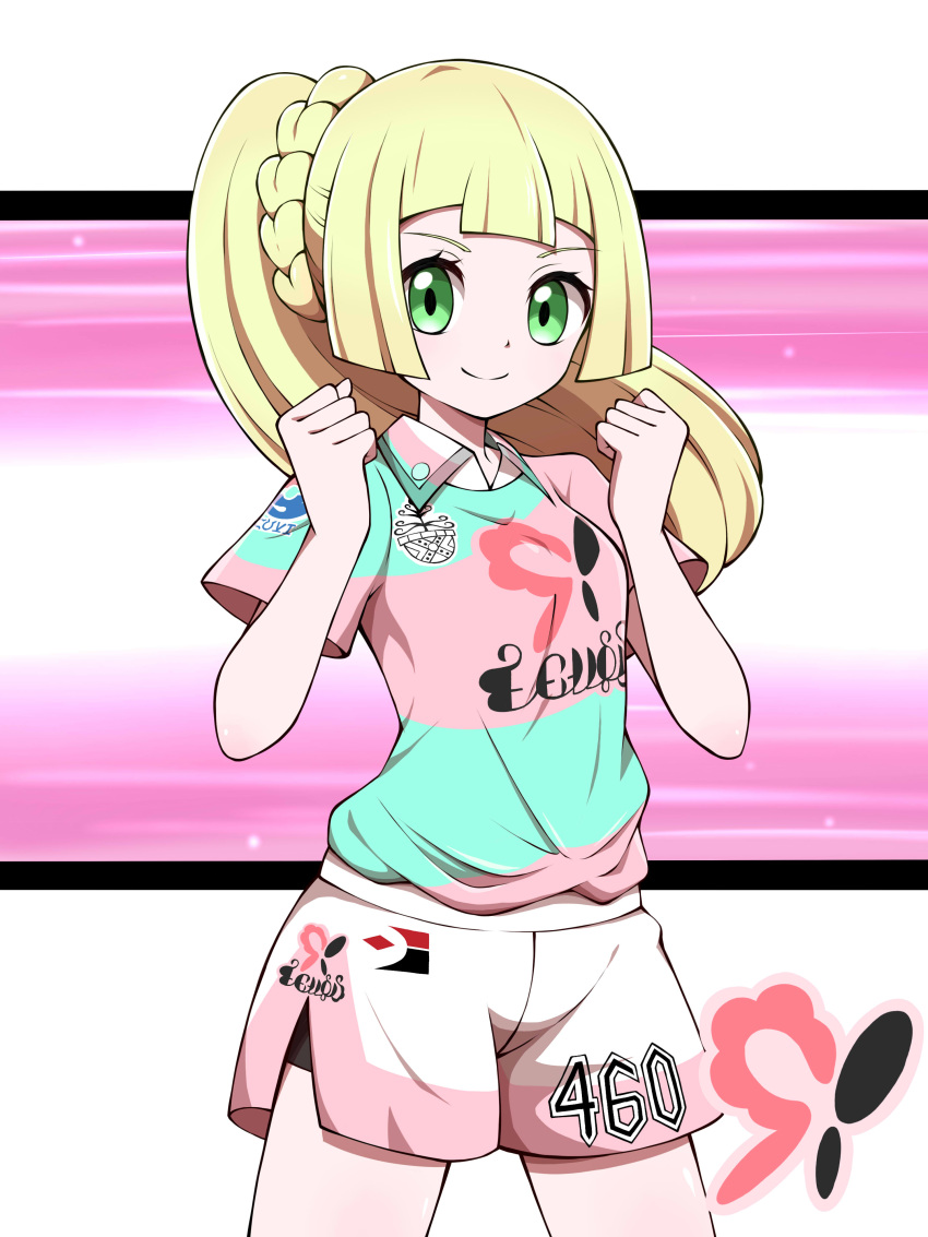 1girl absurdres blonde_hair clenched_hands closed_mouth collared_shirt cowboy_shot eyelashes green_eyes hands_up highres lillie_(pokemon) long_hair looking_at_viewer pink_shirt pokemon pokemon_(game) pokemon_sm pokemon_swsh ponytail revision shabana_may shirt shorts side_slit side_slit_shorts smile solo