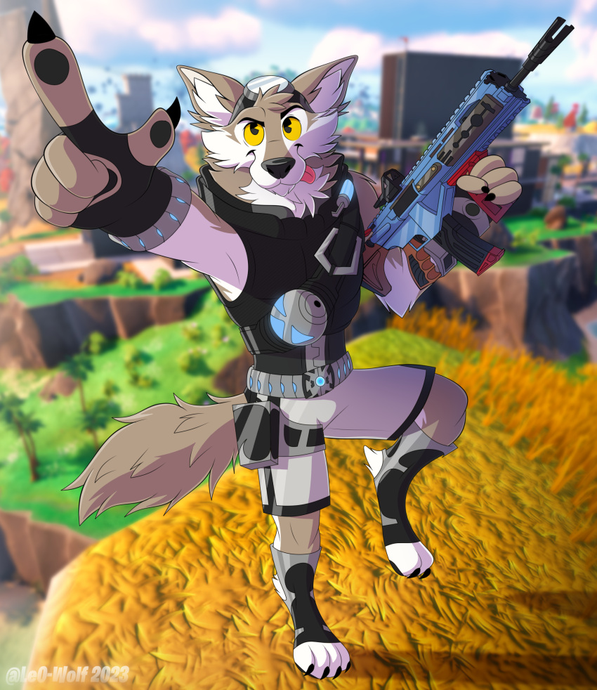 2023 5_fingers anthro artist_name bottomwear canid canine canis claws clothing digital_media_(artwork) epic_games finger_claws fingers fortnite gesture gun hi_res holding_object holding_weapon leo-wolf mammal outside pants pointing ranged_weapon shorts solo tongue tongue_out weapon wendell_(fortnite) wolf year