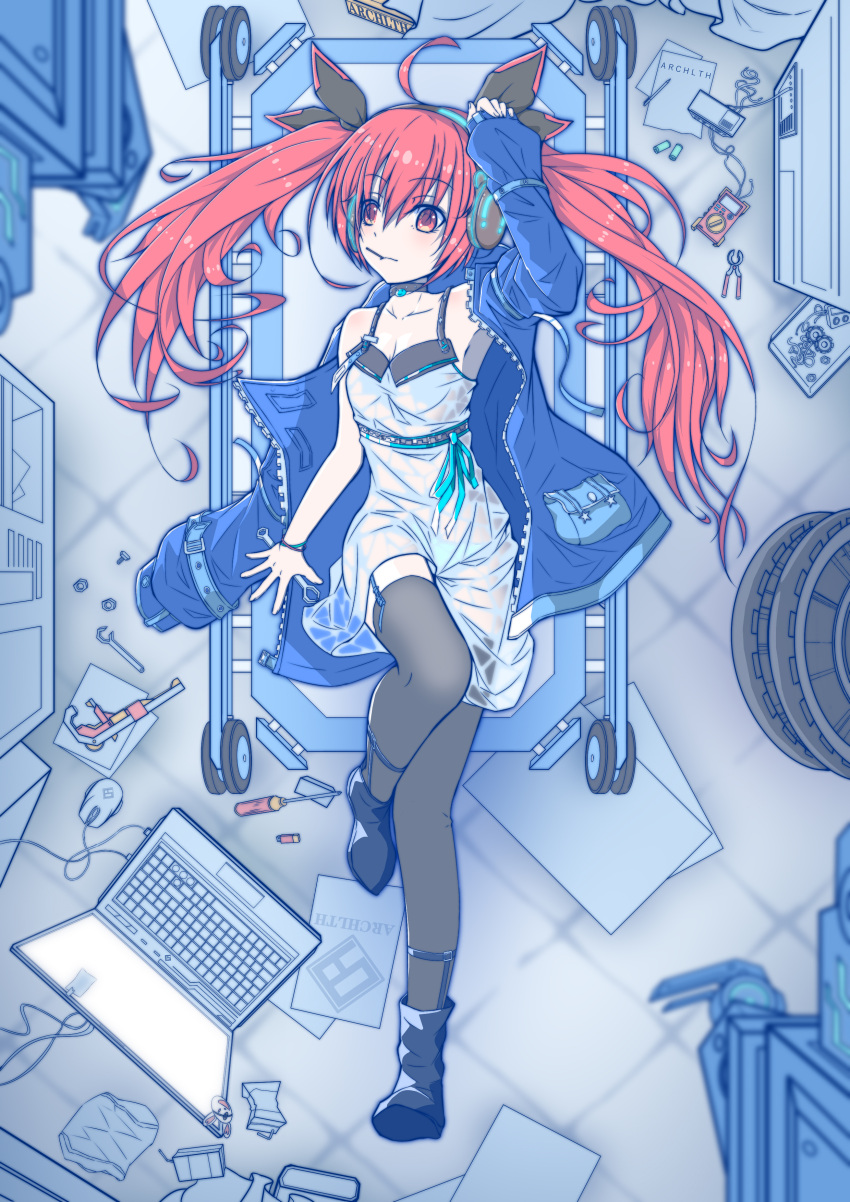 1girl absurdres adjustable_wrench ahoge black_footwear black_thighhighs blue_jacket bolt boots bow breasts combination_wrench computer date_a_live dress hair_bow headphones highres indoors itsuka_kotori jacket laptop lying nut_(hardware) pen pliers pocket red_eyes red_hair screwdriver see-through see-through_dress short_dress small_breasts solo thighhighs twintails user_fwcw3447 wrench