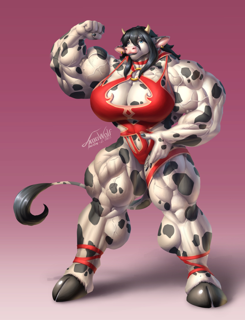 agonwolfe anthro big_muscles black_hair black_lips blue_eyes bovid bovine cattle clothed clothing dress ear_piercing ear_ring female flexing hair hi_res hooves horn huge_muscles humanoid hyper hyper_muscles lips mammal markings muscular nails piercing plantigrade quadriceps red_clothing red_dress ring_piercing solo spots spotted_markings standing