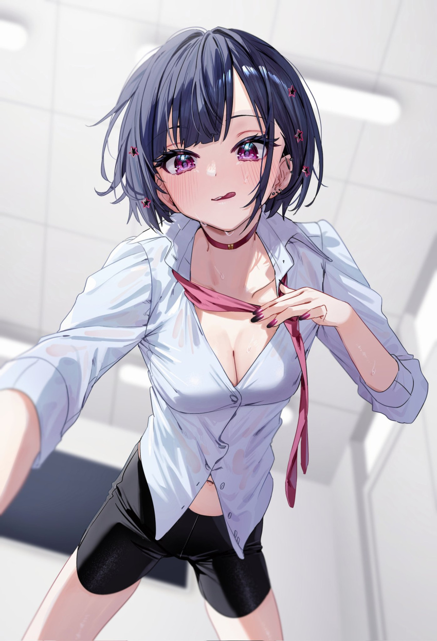 1girl bike_shorts black_hair black_nails black_shorts blurry blurry_background blush breasts chigusa_minori cleavage collarbone collared_shirt commentary_request dress_shirt ear_bar ear_piercing earrings gradient_nails hair_ornament highres indoors jewelry licking_lips looking_at_viewer medium_breasts navel necktie piercing pink_necktie pov purple_eyes purple_nails shino_to_ren shirayuki_ren shirt short_hair shorts solo star_(symbol) star_hair_ornament stud_earrings sweat tongue tongue_out two-tone_nails wet wet_clothes wet_shirt white_shirt