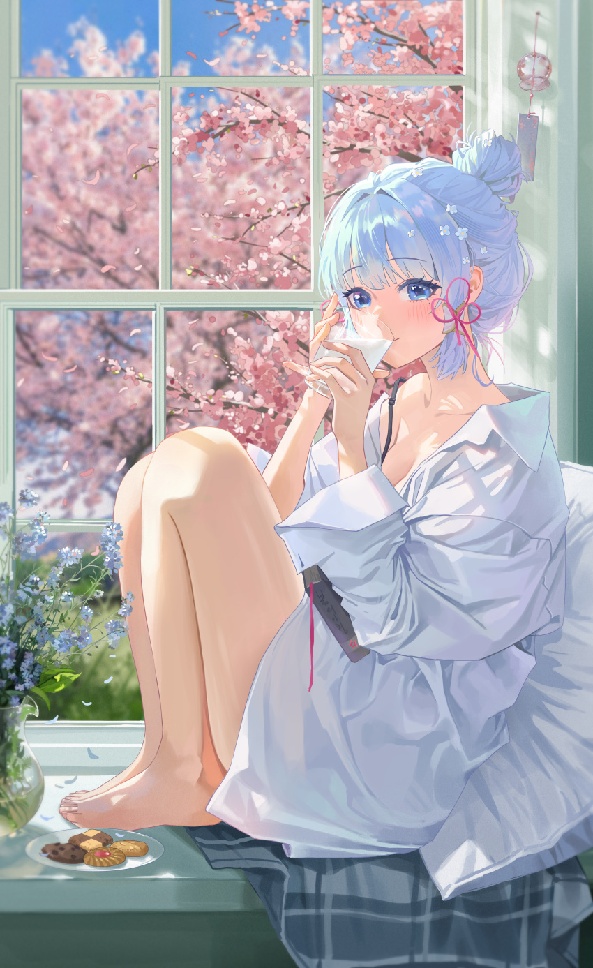 1girl absurdres alternate_costume alternate_hairstyle bare_shoulders barefoot blue_eyes blue_hair blunt_bangs blurry blush book cherry_blossoms commentary_request cookie cup depth_of_field drinking_glass feet food genshin_impact hair_bun hair_ornament highres kamisato_ayaka knees_up legs light_blue_hair pillow plant potted_plant revision shirt sitting_in_window solo sssong_aa tassel tassel_hair_ornament thighs toes white_shirt