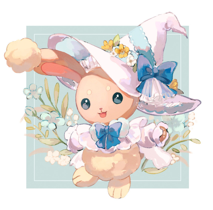 animal_ears blue_background blue_bow blue_bowtie border bow bowtie buneary flower hat hat_flower highres no_humans pokemon pokemon_(creature) rabbit solid_circle_eyes solo su_(sajo_su5) white_border witch_hat