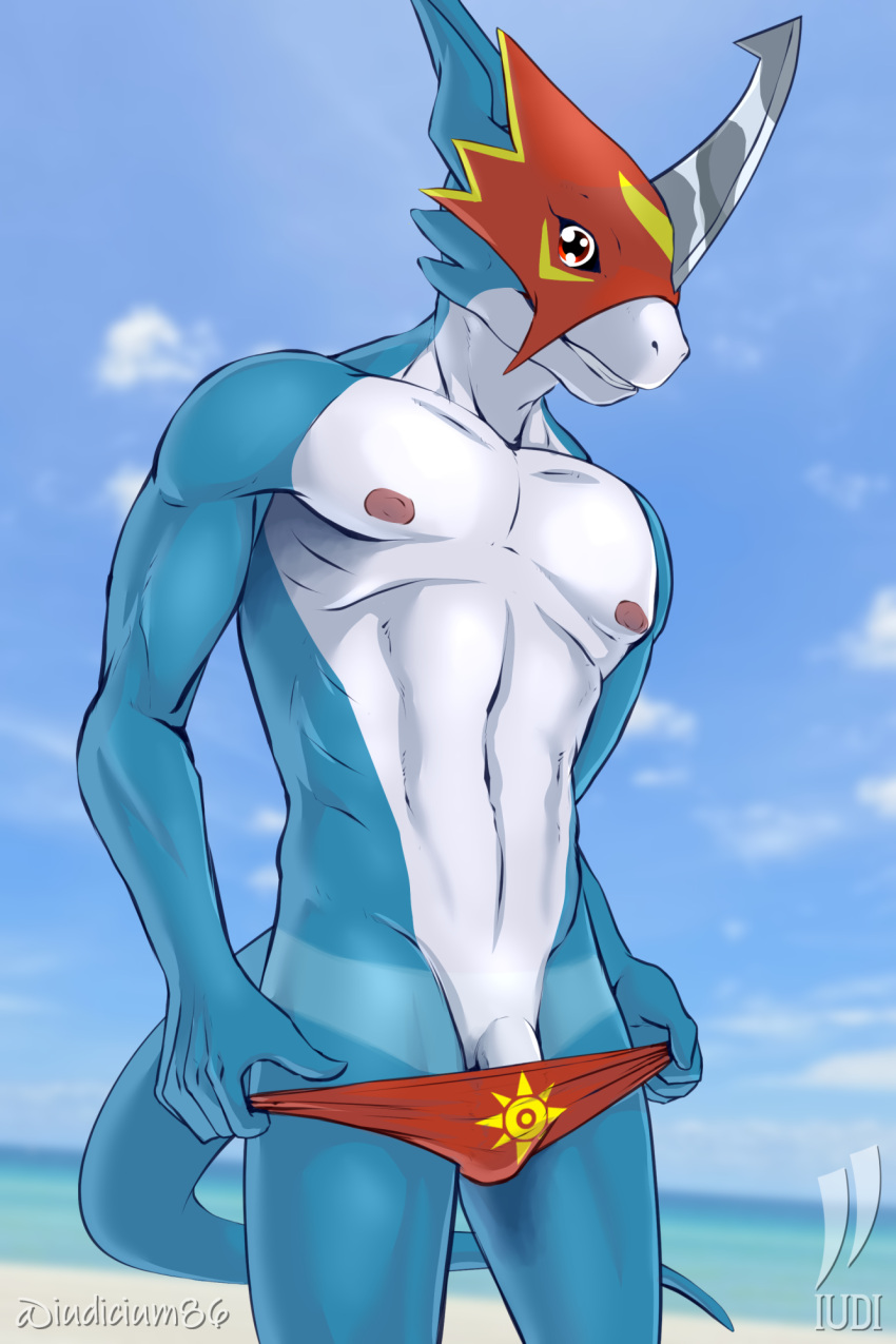 anthro armor bandai_namco beach clothing clothing_pull digimon digimon_(species) flamedramon girly headgear helmet hi_res iudicium86 light male outside seaside sky solo speedo summer sunlight suntan swimwear swimwear_pull tan_line teasing_viewer