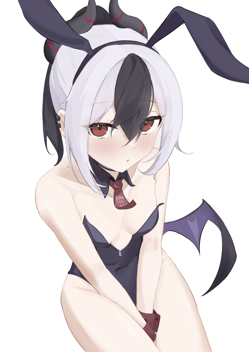 1girl absurdres alternate_costume animal_ears bare_shoulders between_legs between_thighs black_hair black_leotard blue_archive blush breasts cleavage closed_mouth commentary demon_horns demon_wings detached_collar ear_piercing earclip fake_animal_ears hair_between_eyes hand_between_legs highres horns kayoko_(blue_archive) leotard looking_at_viewer low_wings mixed-language_commentary mole mole_on_shoulder multicolored_hair piercing playboy_bunny ponytail rabbit_ears red_eyes ryoya simple_background single_wing small_breasts solo strapless strapless_leotard two-tone_hair white_background white_hair wings wrist_cuffs