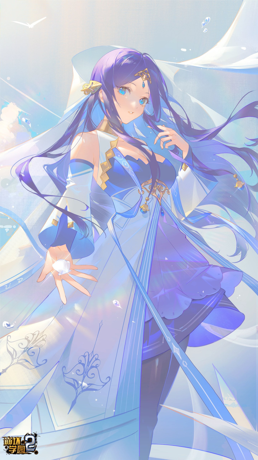 1girl absurdres artist_request benghuai_xueyuan bird blue_dress blue_eyes breasts choker cleavage cloud copyright_name detached_sleeves dress floating_hair forehead_jewel gem hair_ornament highres holding honkai_(series) jyahnar_(benghuai_xueyuan) long_hair official_art ribbon solo third-party_source water_drop